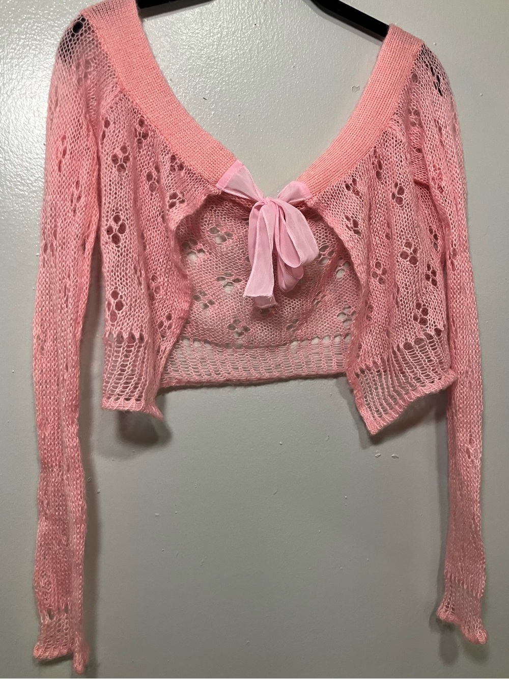 Cropped Pink Open-Knit Tie-Front Cardigan